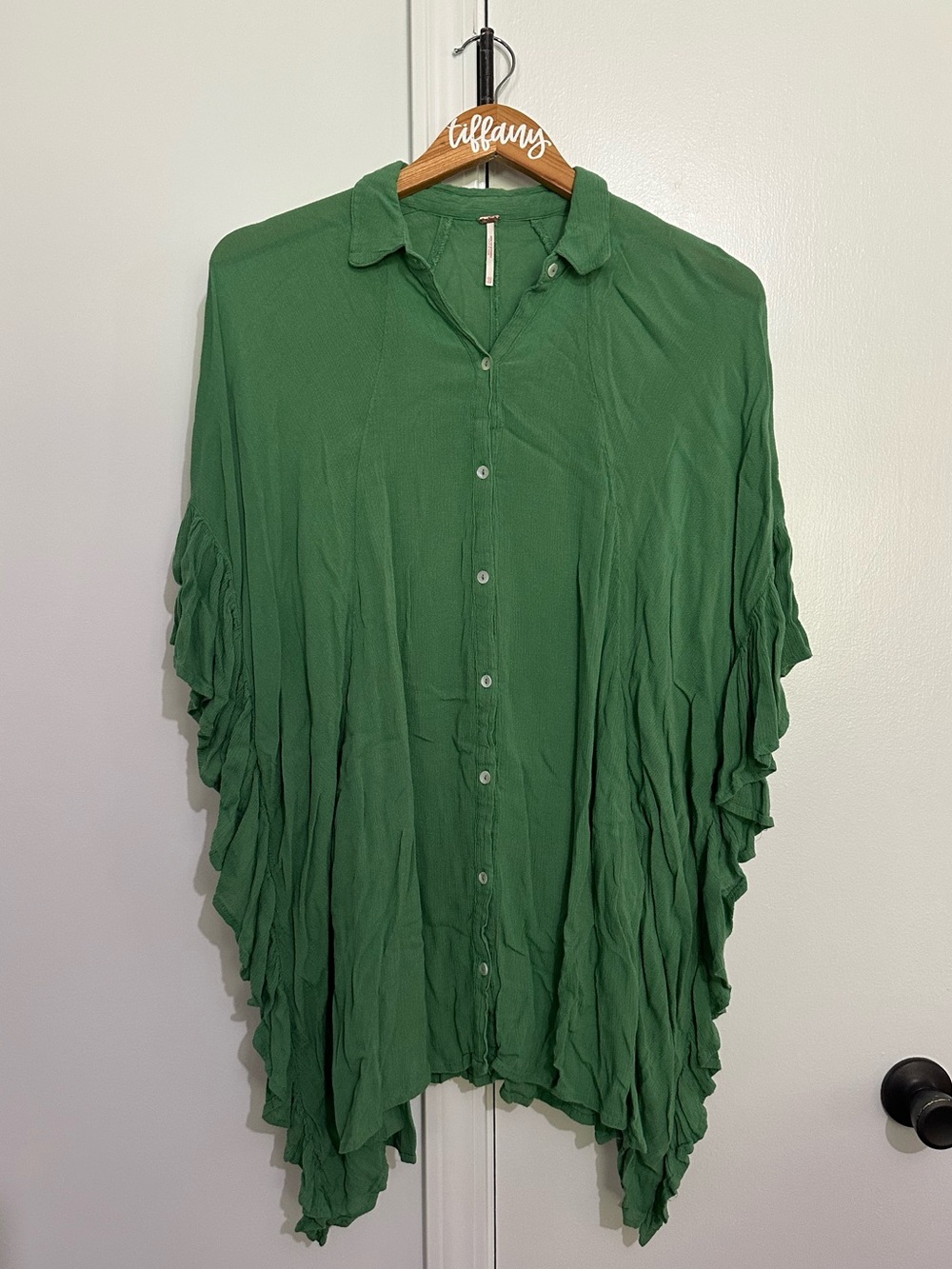 Free People Green Ruffled Button-Down Top
